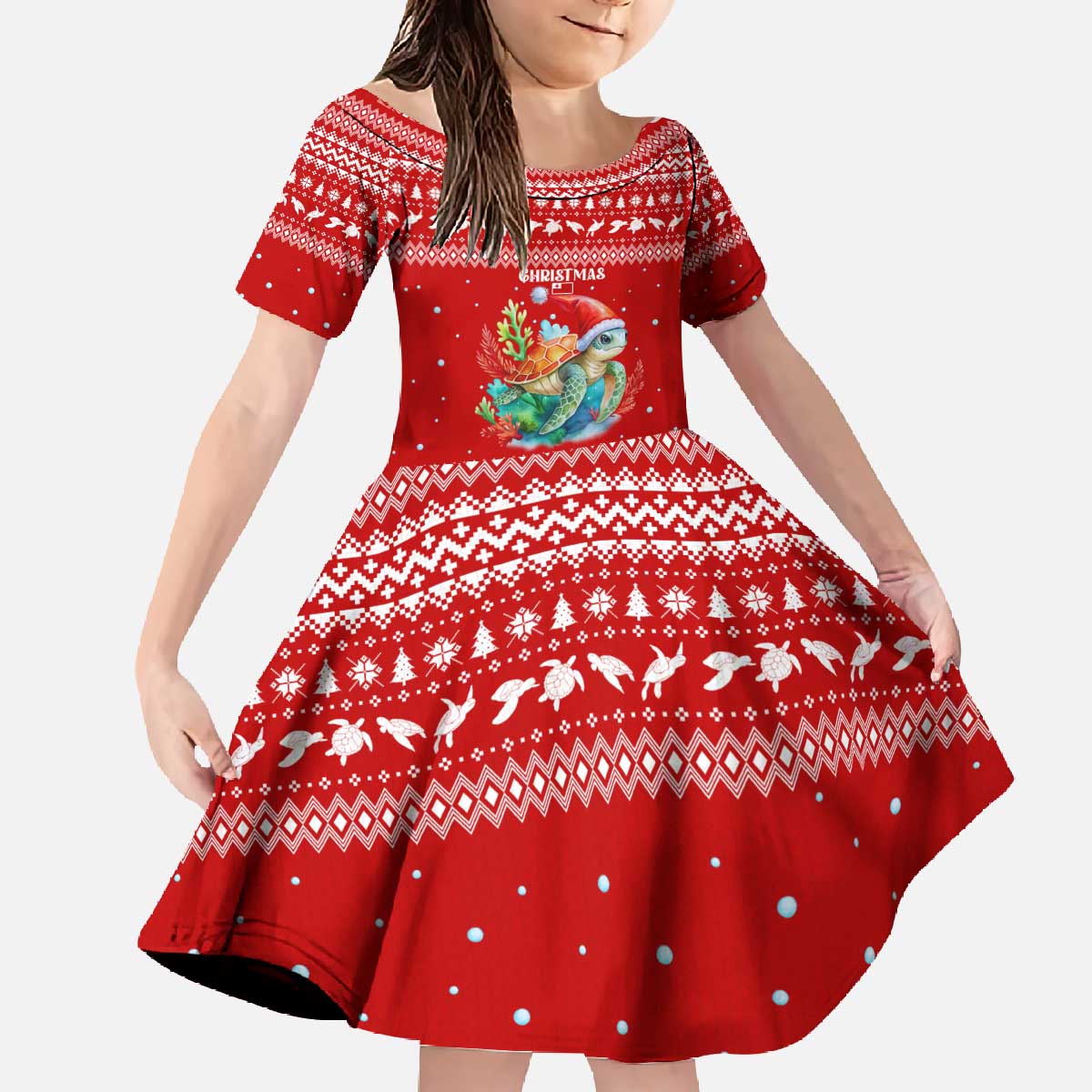 Tonga Christmas Family Matching Off The Shoulder Long Sleeve Dress and Hawaiian Shirt with Sea Turtle Coral Reef Design Snowflake Pattern and National Emblem TS04 Daughter's Dress Red White - Polynesian Pride
