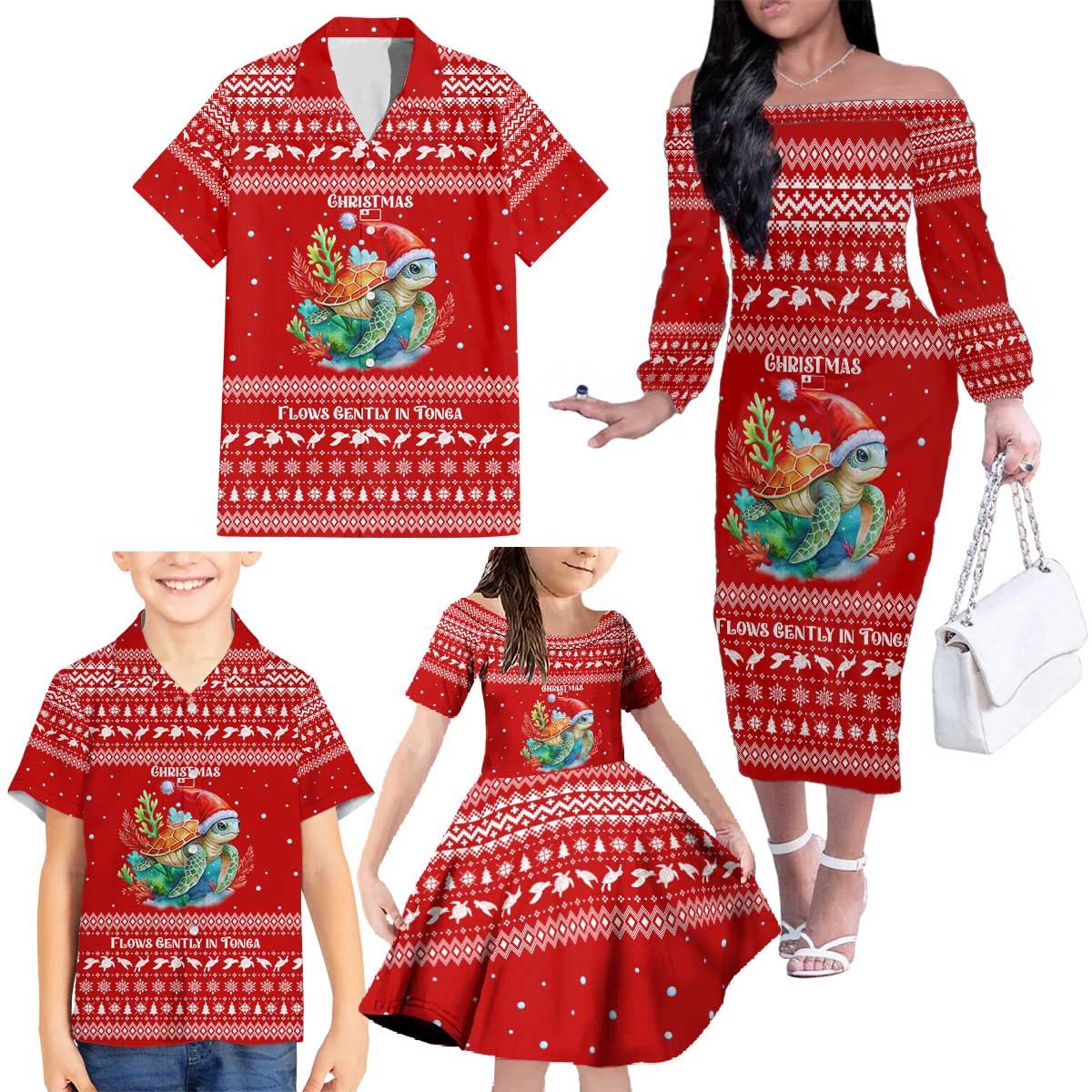 Tonga Christmas Family Matching Off The Shoulder Long Sleeve Dress and Hawaiian Shirt with Sea Turtle Coral Reef Design Snowflake Pattern and National Emblem TS04 - Polynesian Pride