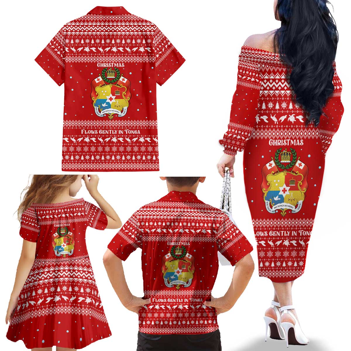 Tonga Christmas Family Matching Off The Shoulder Long Sleeve Dress and Hawaiian Shirt with Sea Turtle Coral Reef Design Snowflake Pattern and National Emblem TS04 - Polynesian Pride