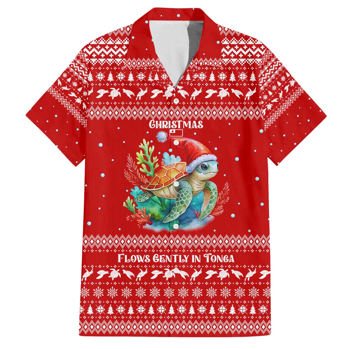 Tonga Christmas Family Matching Off The Shoulder Long Sleeve Dress and Hawaiian Shirt with Sea Turtle Coral Reef Design Snowflake Pattern and National Emblem TS04 Dad's Shirt - Short Sleeve Red White - Polynesian Pride