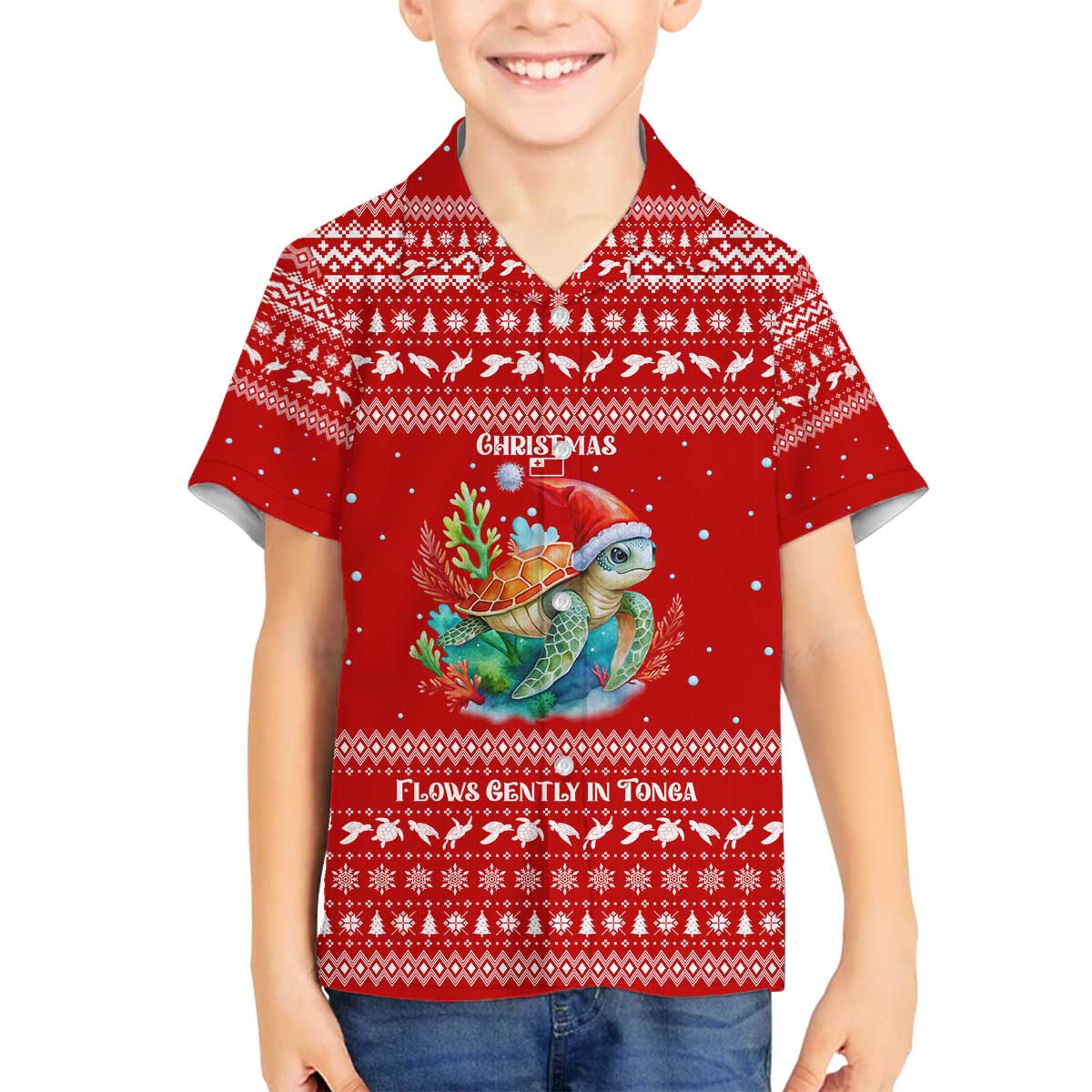 Tonga Christmas Family Matching Off The Shoulder Long Sleeve Dress and Hawaiian Shirt with Sea Turtle Coral Reef Design Snowflake Pattern and National Emblem TS04 Son's Shirt Red White - Polynesian Pride