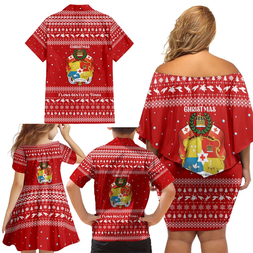 Tonga Christmas Family Matching Off Shoulder Short Dress and Hawaiian Shirt with Sea Turtle Coral Reef Design Snowflake Pattern and National Emblem TS04 - Polynesian Pride