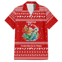 Tonga Christmas Family Matching Off Shoulder Short Dress and Hawaiian Shirt with Sea Turtle Coral Reef Design Snowflake Pattern and National Emblem TS04 Dad's Shirt - Short Sleeve Red White - Polynesian Pride