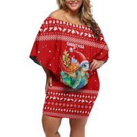 Tonga Christmas Family Matching Off Shoulder Short Dress and Hawaiian Shirt with Sea Turtle Coral Reef Design Snowflake Pattern and National Emblem TS04 Mom's Dress Red White - Polynesian Pride