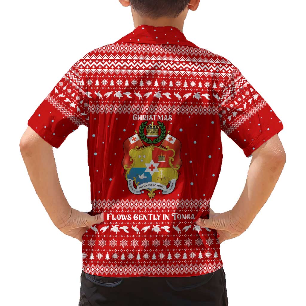 Tonga Christmas Family Matching Short Sleeve Bodycon Dress and Hawaiian Shirt with Sea Turtle Coral Reef Design Snowflake Pattern and National Emblem TS04 - Polynesian Pride