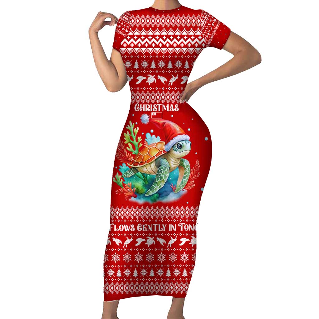 Tonga Christmas Family Matching Short Sleeve Bodycon Dress and Hawaiian Shirt with Sea Turtle Coral Reef Design Snowflake Pattern and National Emblem TS04 Mom's Dress Red White - Polynesian Pride