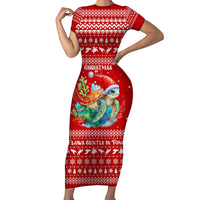 Tonga Christmas Family Matching Short Sleeve Bodycon Dress and Hawaiian Shirt with Sea Turtle Coral Reef Design Snowflake Pattern and National Emblem TS04 Mom's Dress Red White - Polynesian Pride