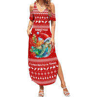 Tonga Christmas Family Matching Summer Maxi Dress and Hawaiian Shirt with Sea Turtle Coral Reef Design Snowflake Pattern and National Emblem TS04 Mom's Dress Red White - Polynesian Pride