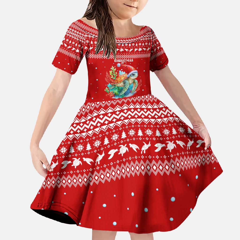 Tonga Christmas Family Matching Tank Maxi Dress and Hawaiian Shirt with Sea Turtle Coral Reef Design Snowflake Pattern and National Emblem TS04 Daughter's Dress Red White - Polynesian Pride