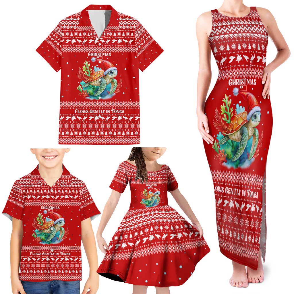 Tonga Christmas Family Matching Tank Maxi Dress and Hawaiian Shirt with Sea Turtle Coral Reef Design Snowflake Pattern and National Emblem TS04 - Polynesian Pride