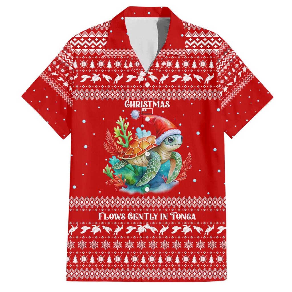Tonga Christmas Family Matching Tank Maxi Dress and Hawaiian Shirt with Sea Turtle Coral Reef Design Snowflake Pattern and National Emblem TS04 Dad's Shirt - Short Sleeve Red White - Polynesian Pride