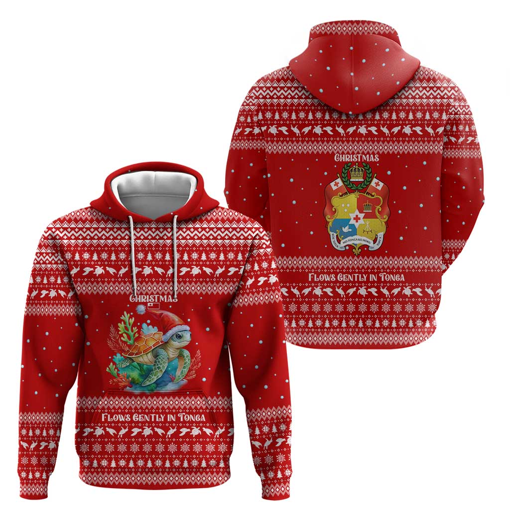 Tonga Christmas Hoodie with Sea Turtle Coral Reef Design Snowflake Pattern and National Emblem - Polynesian Pride