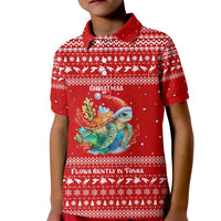 Tonga Christmas Kid Polo Shirt with Sea Turtle Coral Reef Design Snowflake Pattern and National Emblem TS04 Kid Red White - Polynesian Pride