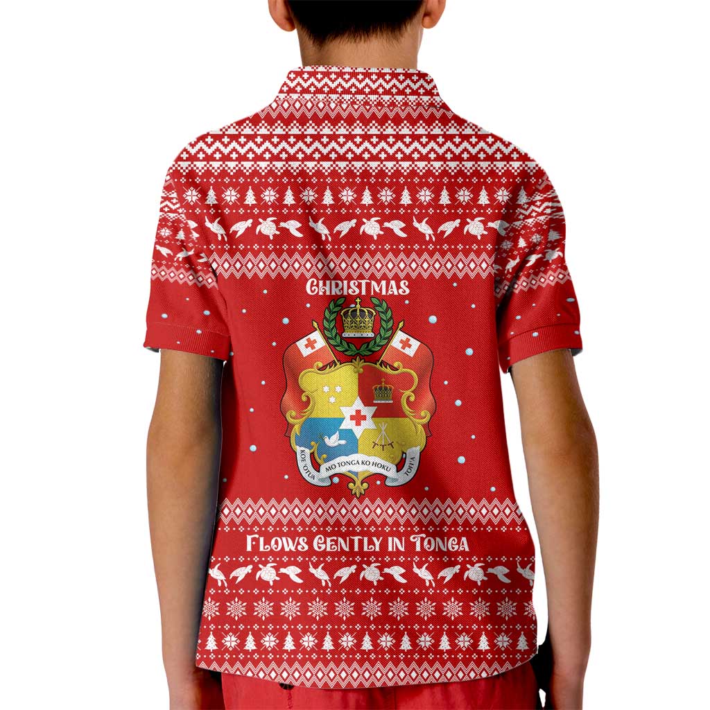 Tonga Christmas Kid Polo Shirt with Sea Turtle Coral Reef Design Snowflake Pattern and National Emblem TS04 - Polynesian Pride