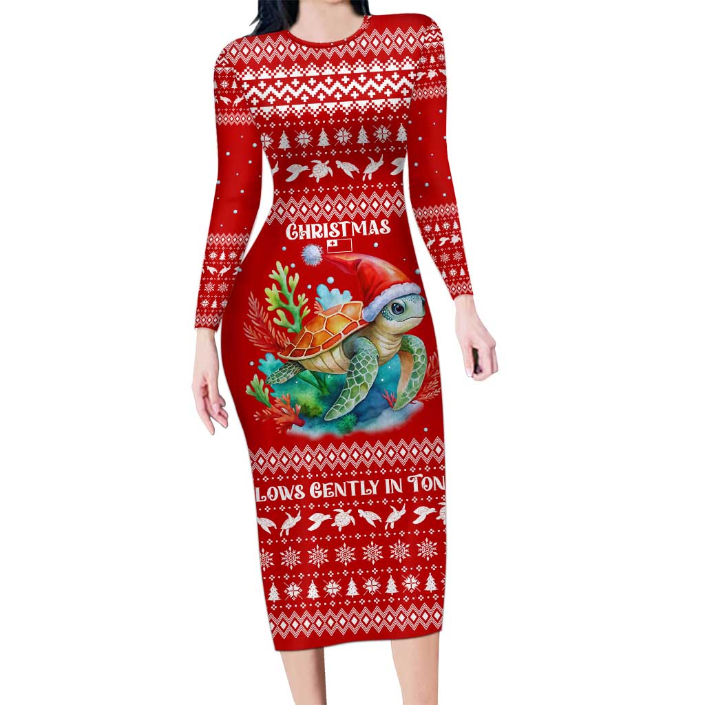 Tonga Christmas Long Sleeve Bodycon Dress with Sea Turtle Coral Reef Design Snowflake Pattern and National Emblem - Polynesian Pride