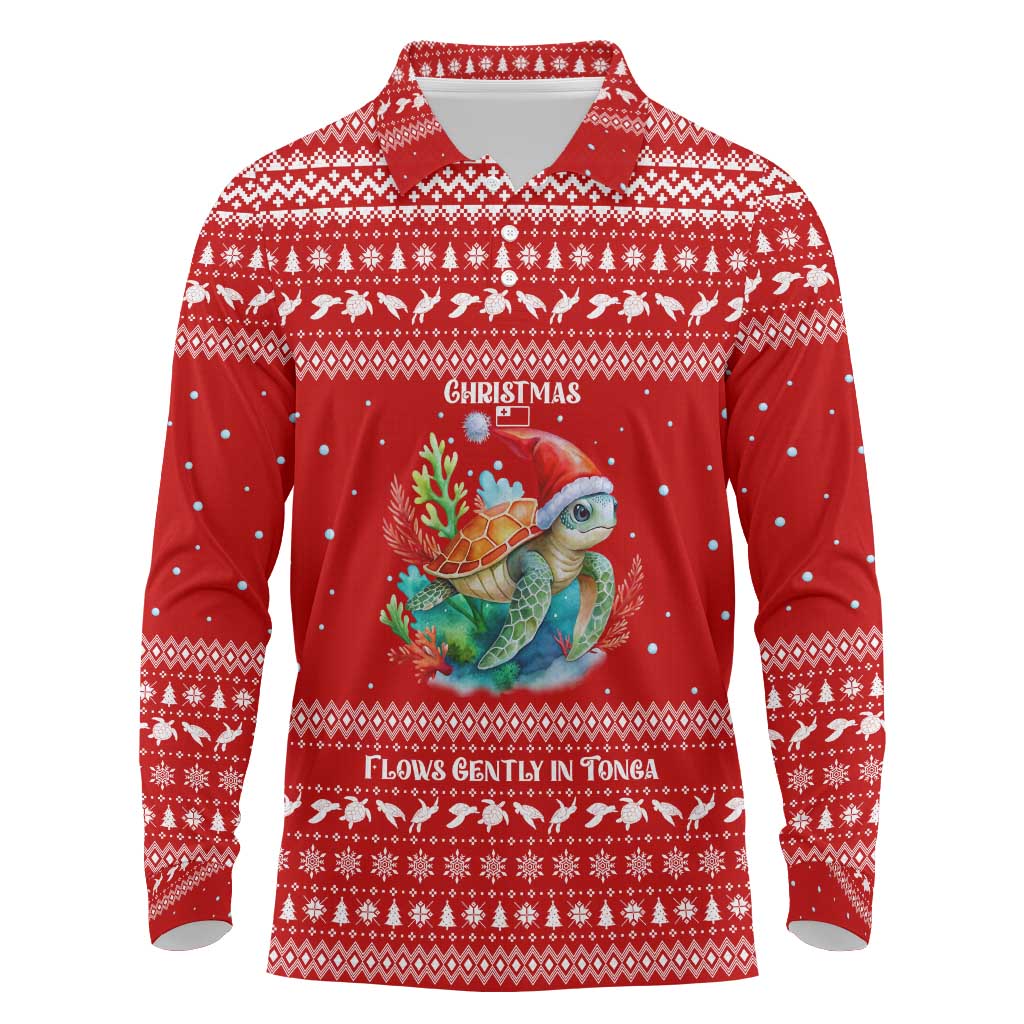 Tonga Christmas Long Sleeve Polo Shirt with Sea Turtle Coral Reef Design Snowflake Pattern and National Emblem TS04 Red White - Polynesian Pride
