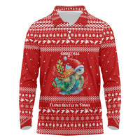 Tonga Christmas Long Sleeve Polo Shirt with Sea Turtle Coral Reef Design Snowflake Pattern and National Emblem TS04 Red White - Polynesian Pride