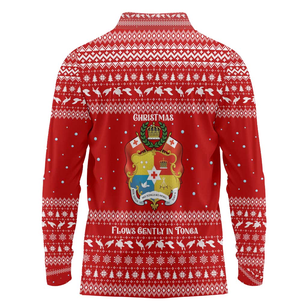 Tonga Christmas Long Sleeve Polo Shirt with Sea Turtle Coral Reef Design Snowflake Pattern and National Emblem TS04 - Polynesian Pride