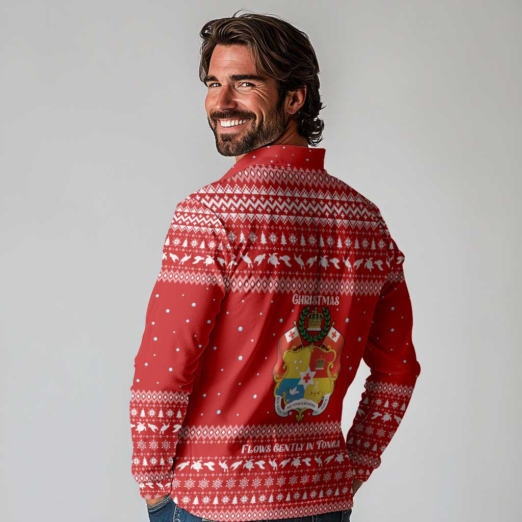 Tonga Christmas Long Sleeve Polo Shirt with Sea Turtle Coral Reef Design Snowflake Pattern and National Emblem TS04 - Polynesian Pride