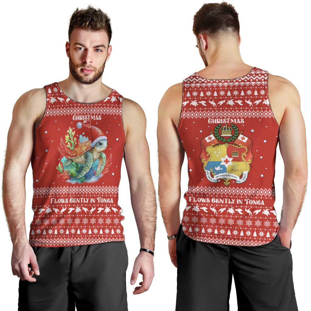 Tonga Christmas Men Tank Top with Sea Turtle Coral Reef Design Snowflake Pattern and National Emblem - Polynesian Pride