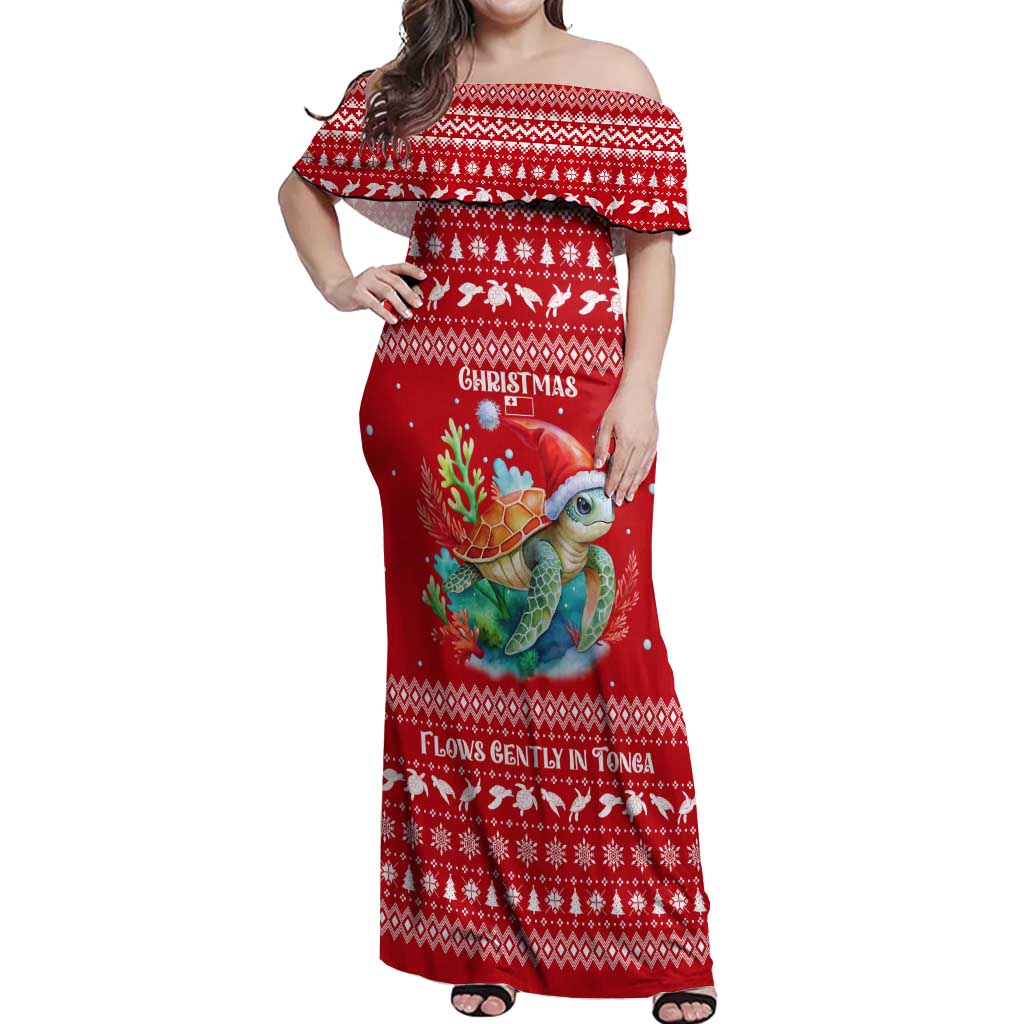 Tonga Christmas Off Shoulder Maxi Dress with Sea Turtle Coral Reef Design Snowflake Pattern and National Emblem TS04 Women Red White - Polynesian Pride