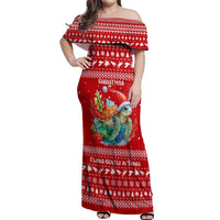 Tonga Christmas Off Shoulder Maxi Dress with Sea Turtle Coral Reef Design Snowflake Pattern and National Emblem TS04 Women Red White - Polynesian Pride