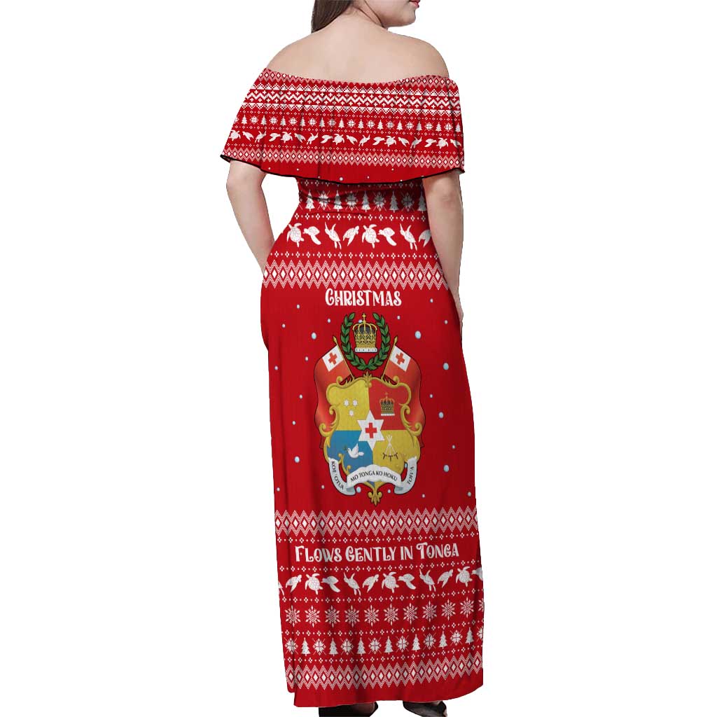 Tonga Christmas Off Shoulder Maxi Dress with Sea Turtle Coral Reef Design Snowflake Pattern and National Emblem TS04 - Polynesian Pride