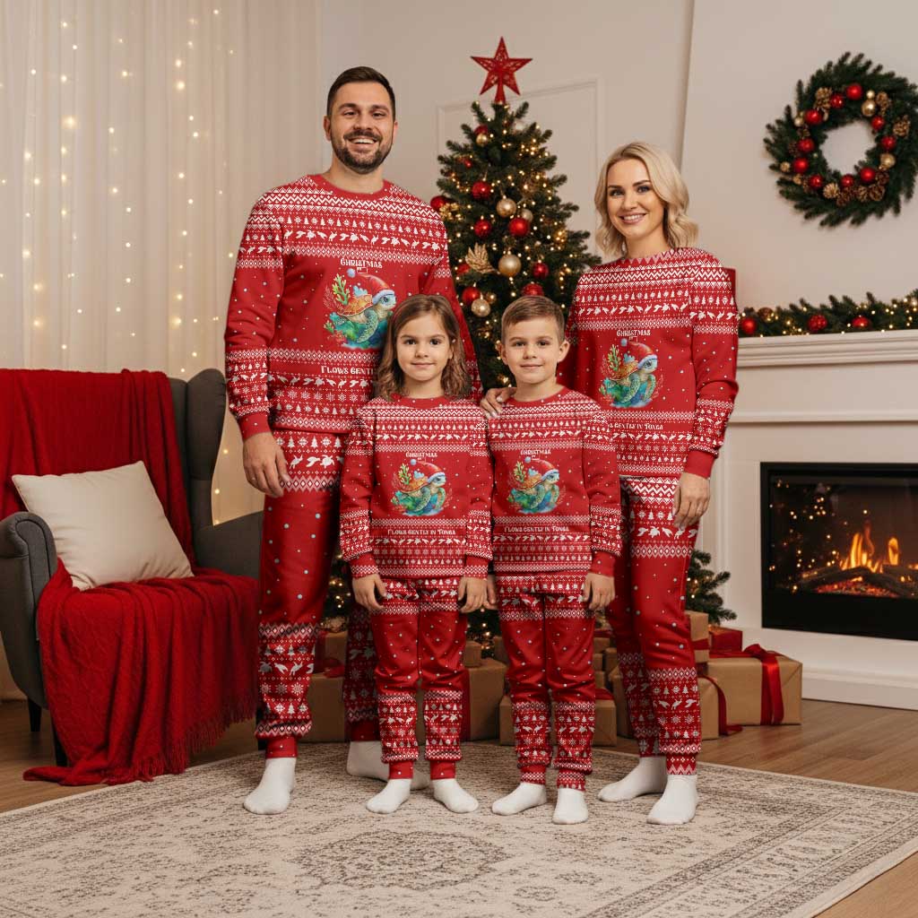 Tonga Christmas Pajama Set with Sea Turtle Coral Reef Design Snowflake Pattern and National Emblem - Polynesian Pride