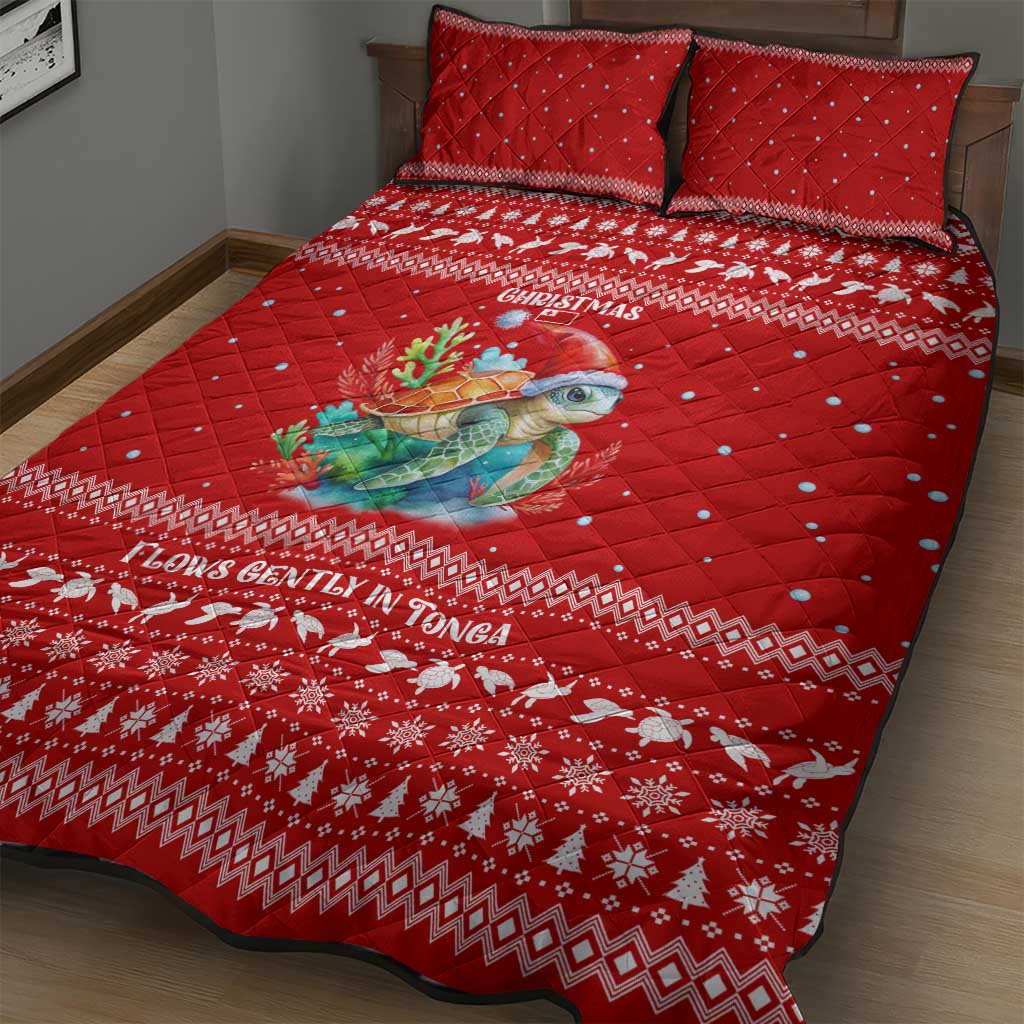 Tonga Christmas Quilt Bed Set with Sea Turtle Coral Reef Design Snowflake Pattern and National Emblem - Polynesian Pride