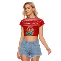 Tonga Christmas Raglan Cropped T Shirt with Sea Turtle Coral Reef Design Snowflake Pattern and National Emblem TS04 Female Red White - Polynesian Pride