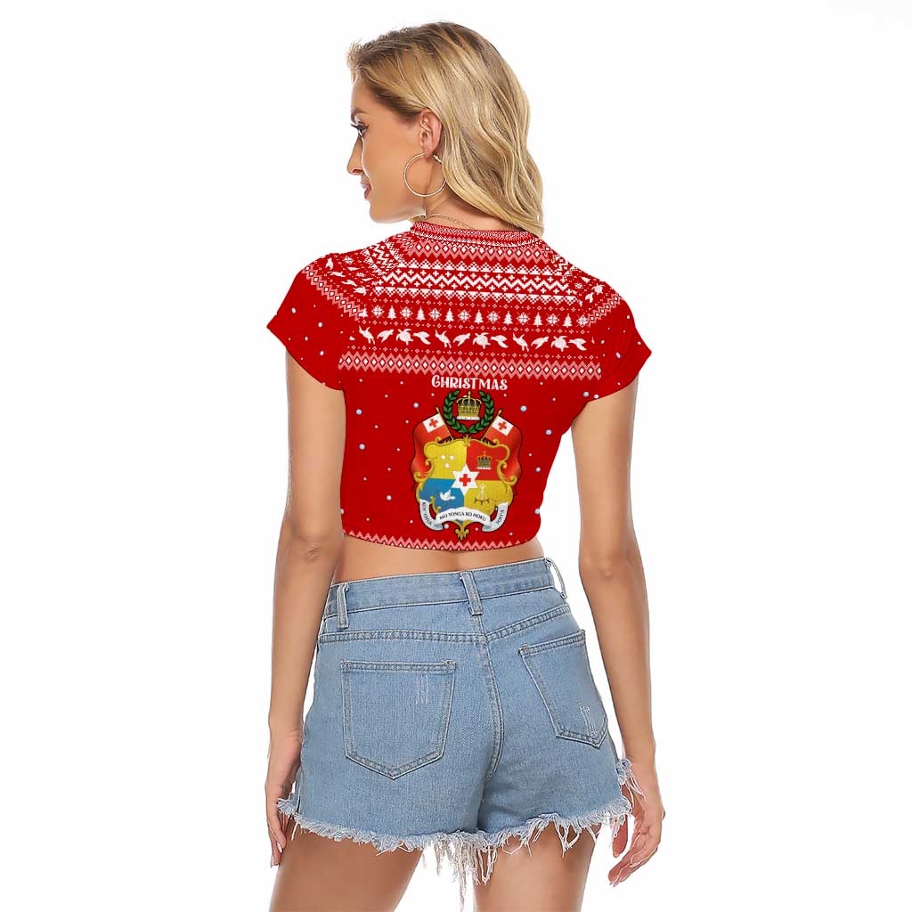 Tonga Christmas Raglan Cropped T Shirt with Sea Turtle Coral Reef Design Snowflake Pattern and National Emblem TS04 - Polynesian Pride