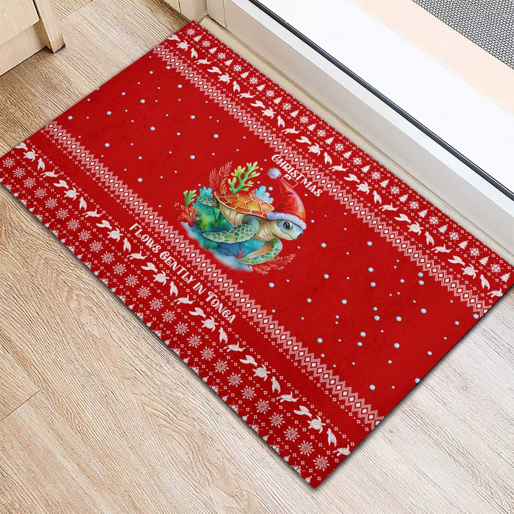 Tonga Christmas Rubber Doormat with Sea Turtle Coral Reef Design Snowflake Pattern and National Emblem - Polynesian Pride