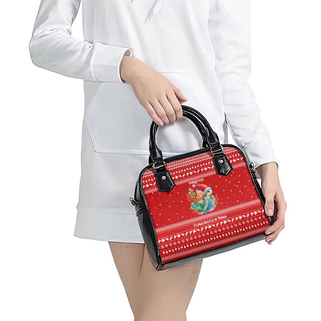 Tonga Christmas Shoulder Handbag with Sea Turtle Coral Reef Design Snowflake Pattern and National Emblem - Polynesian Pride