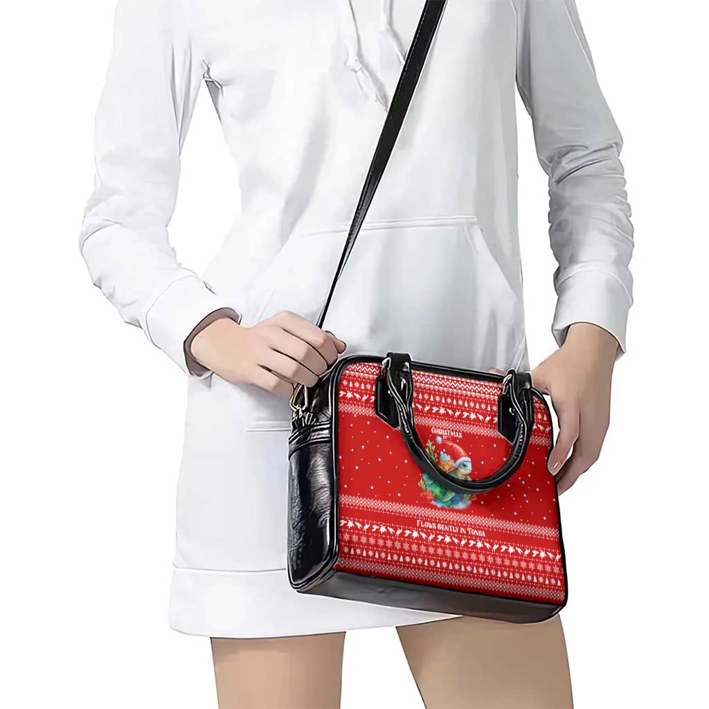 Tonga Christmas Shoulder Handbag with Sea Turtle Coral Reef Design Snowflake Pattern and National Emblem - Polynesian Pride