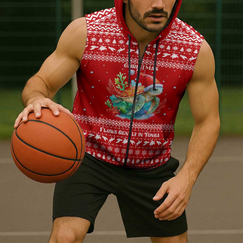 Tonga Christmas Sleeveless Zip Hoodie with Sea Turtle Coral Reef Design Snowflake Pattern and National Emblem - Polynesian Pride
