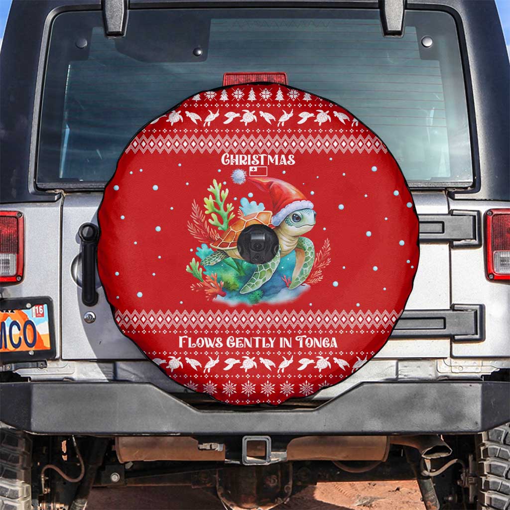 Tonga Christmas Spare Tire Cover with Sea Turtle Coral Reef Design Snowflake Pattern and National Emblem TS04 Red White - Polynesian Pride