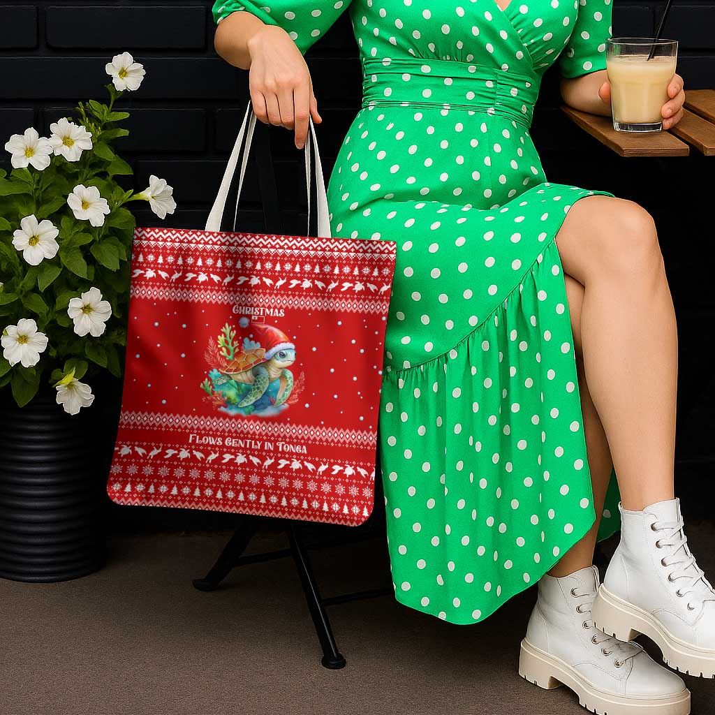 Tonga Christmas Tote Bag with Sea Turtle Coral Reef Design Snowflake Pattern and National Emblem - Polynesian Pride