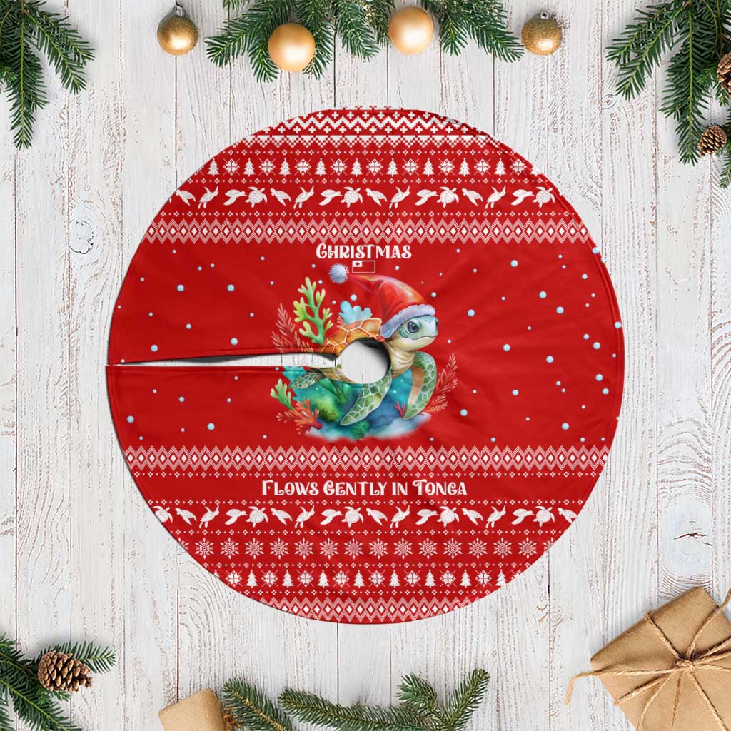 Tonga Christmas Tree Skirt with Sea Turtle Coral Reef Design Snowflake Pattern and National Emblem - Polynesian Pride