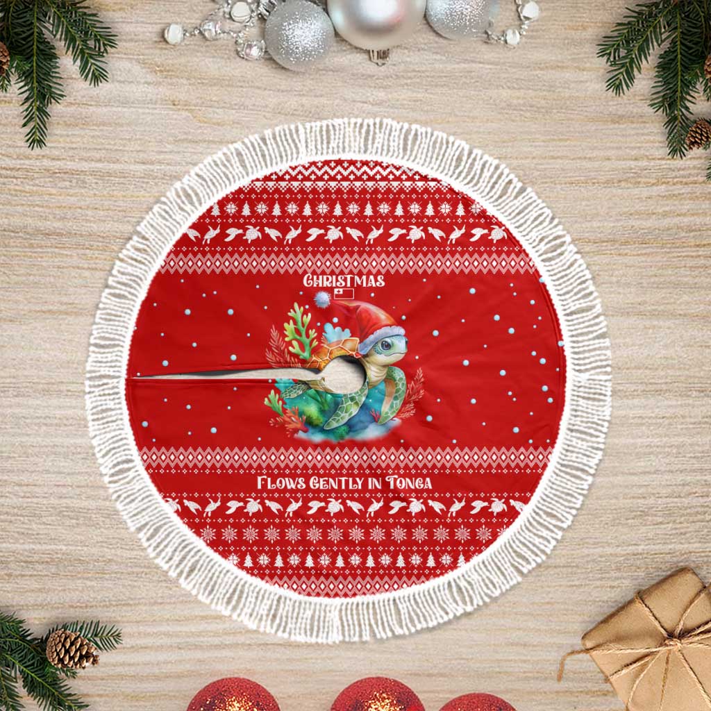 Tonga Christmas Tree Skirt with Sea Turtle Coral Reef Design Snowflake Pattern and National Emblem - Polynesian Pride