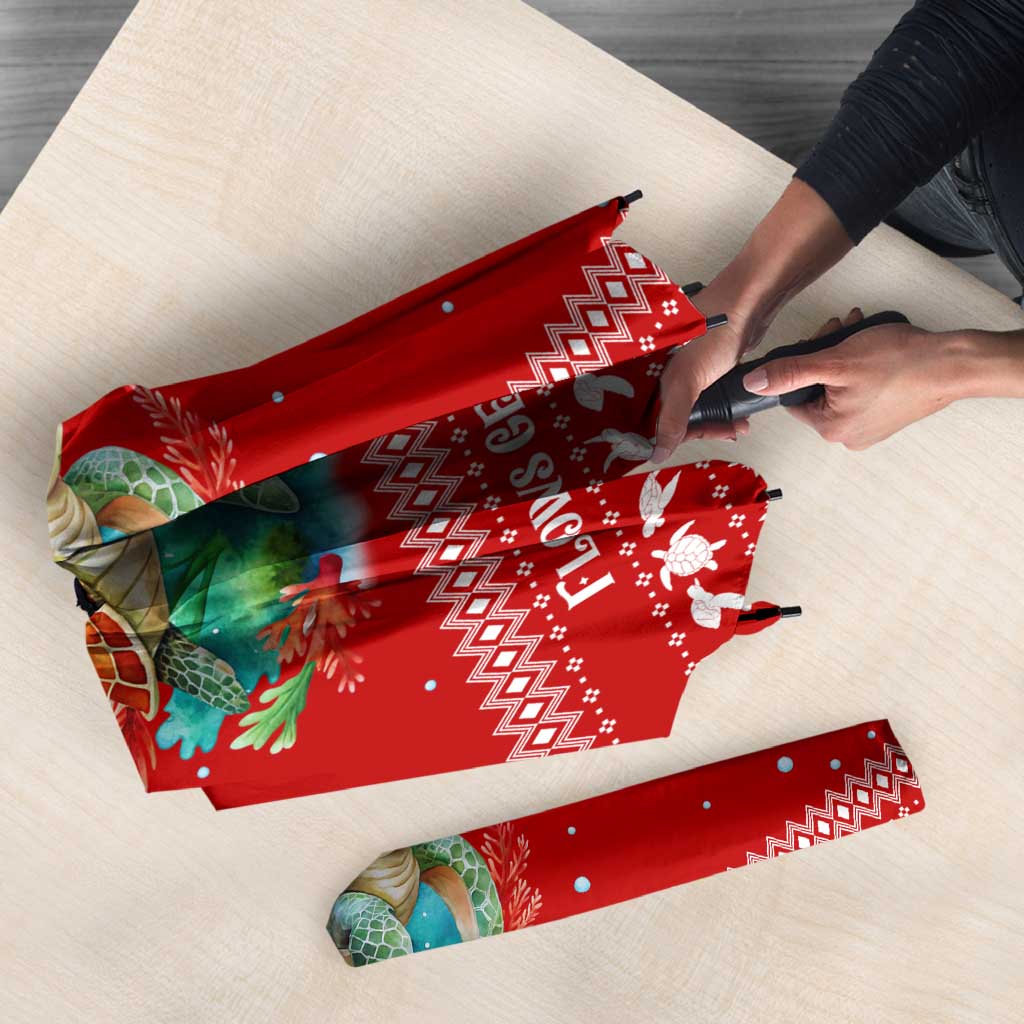 Tonga Christmas Umbrella with Sea Turtle Coral Reef Design Snowflake Pattern and National Emblem - Polynesian Pride