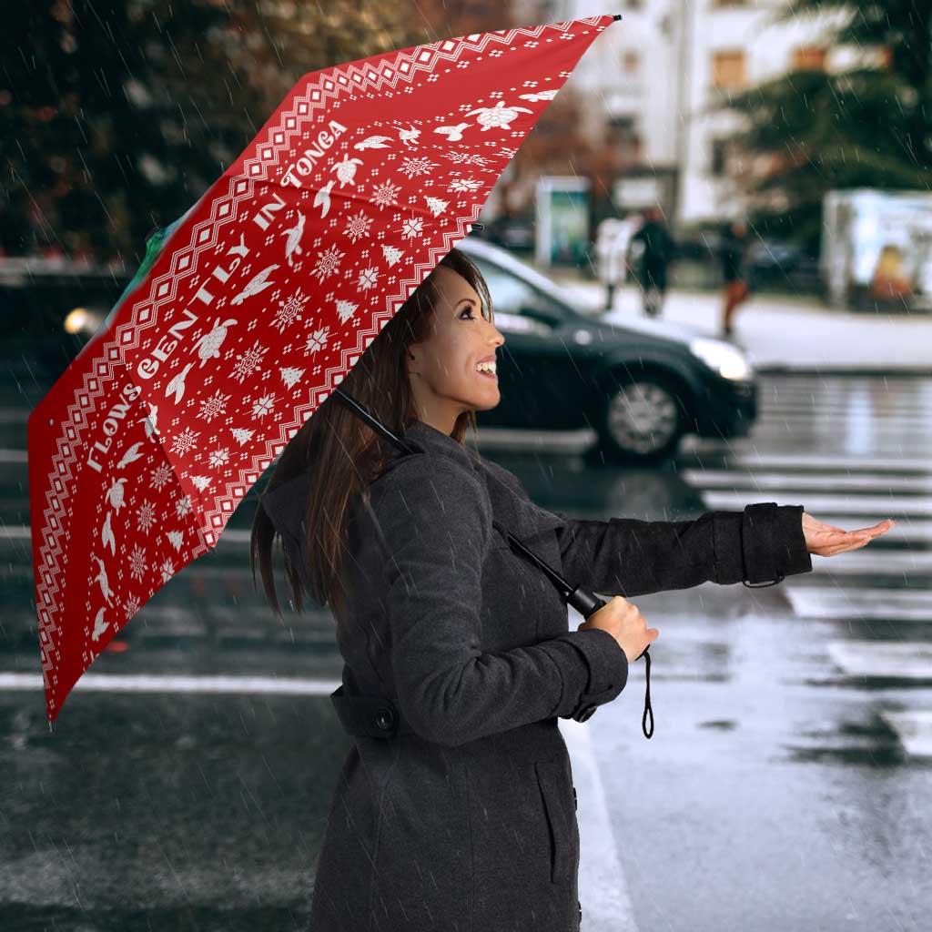 Tonga Christmas Umbrella with Sea Turtle Coral Reef Design Snowflake Pattern and National Emblem - Polynesian Pride