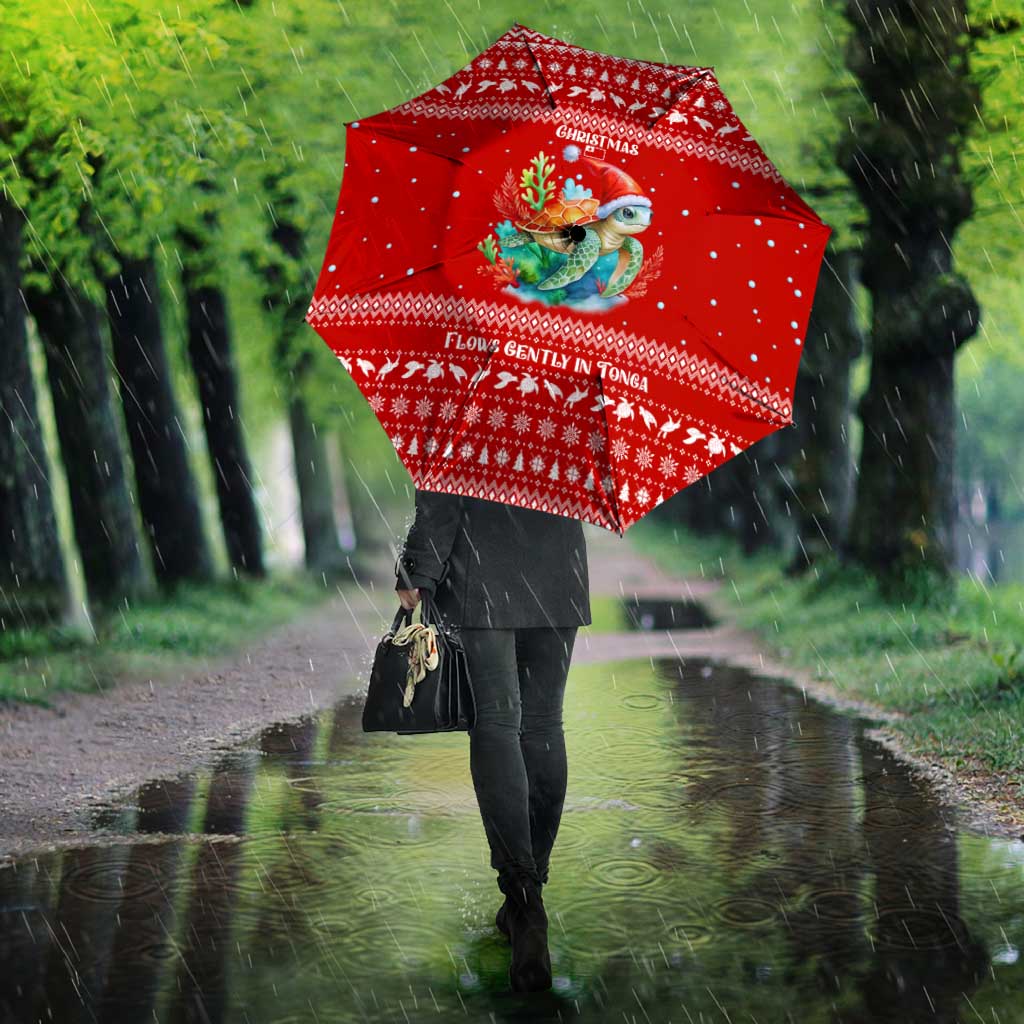 Tonga Christmas Umbrella with Sea Turtle Coral Reef Design Snowflake Pattern and National Emblem - Polynesian Pride