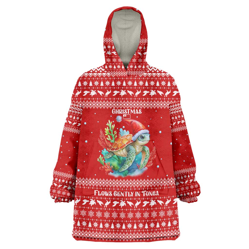 Tonga Christmas Wearable Blanket Hoodie with Sea Turtle Coral Reef Design Snowflake Pattern and National Emblem TS04 One Size Red White - Polynesian Pride