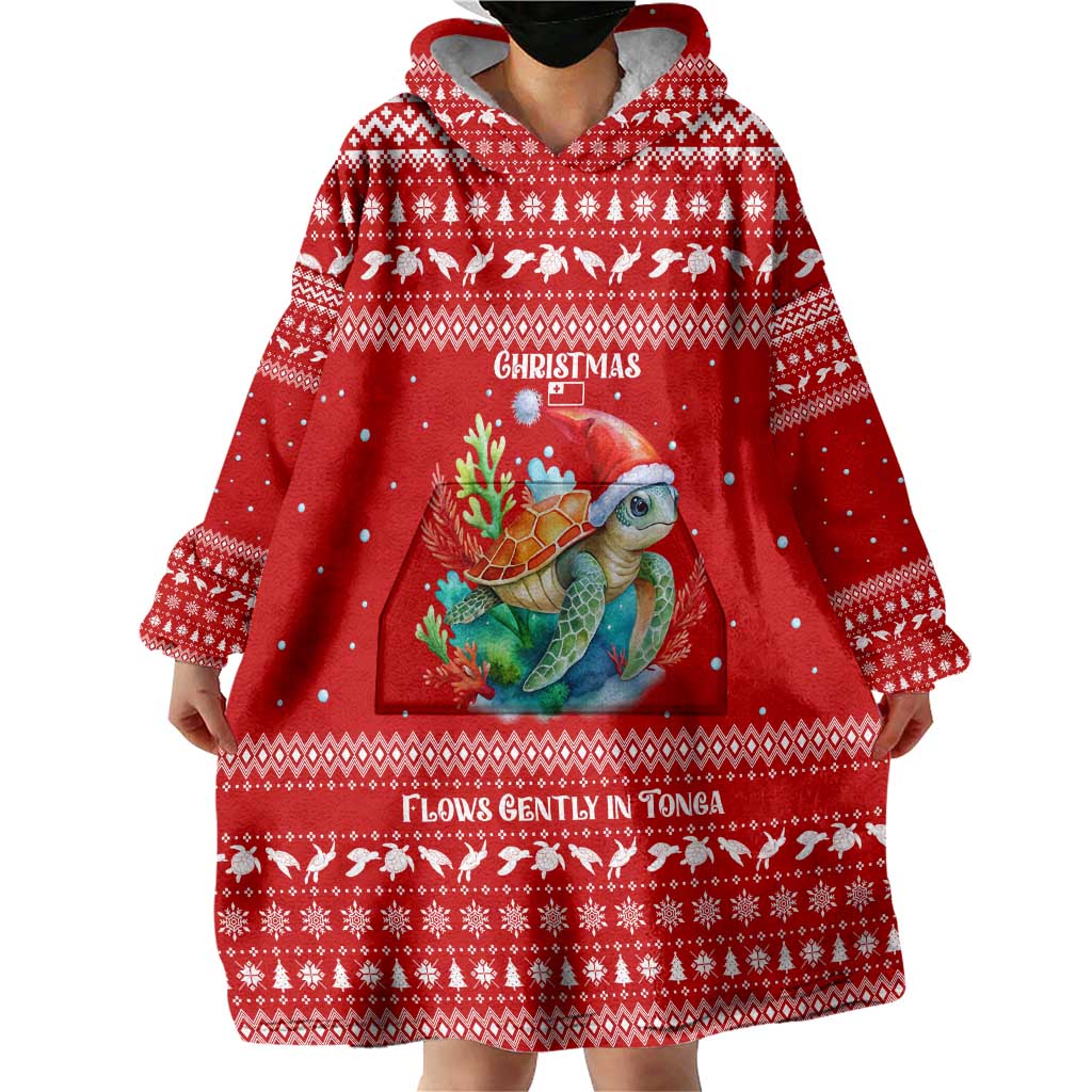 Tonga Christmas Wearable Blanket Hoodie with Sea Turtle Coral Reef Design Snowflake Pattern and National Emblem TS04 - Polynesian Pride
