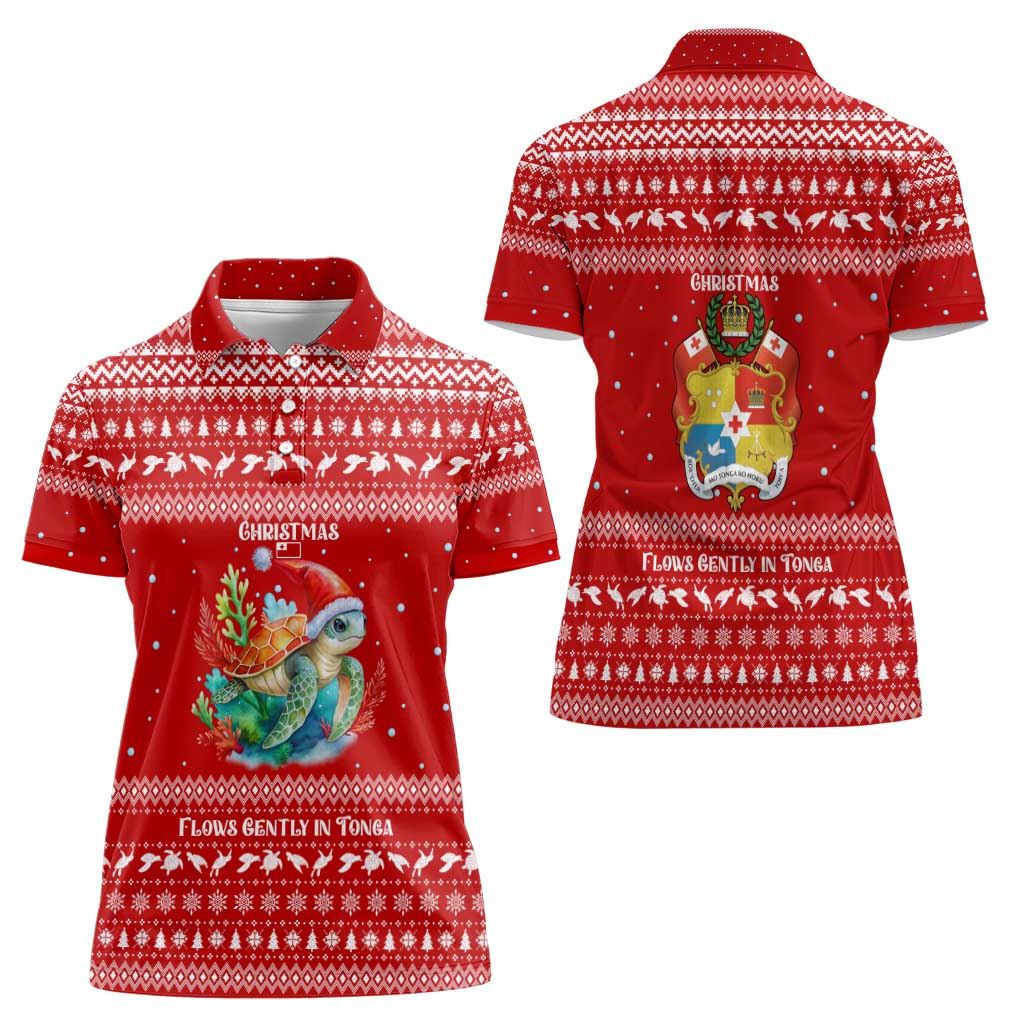 Tonga Christmas Women Polo Shirt with Sea Turtle Coral Reef Design Snowflake Pattern and National Emblem - Polynesian Pride