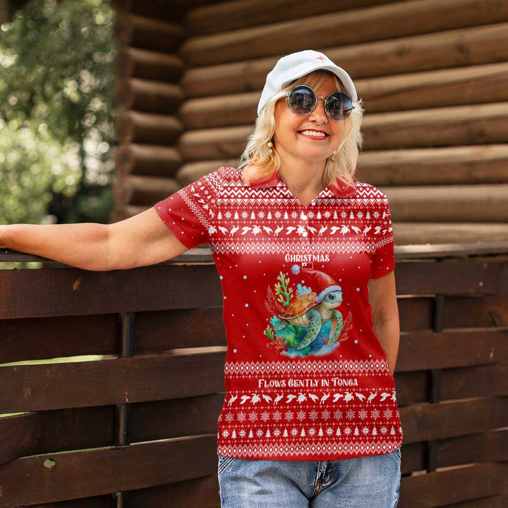 Tonga Christmas Women Polo Shirt with Sea Turtle Coral Reef Design Snowflake Pattern and National Emblem - Polynesian Pride