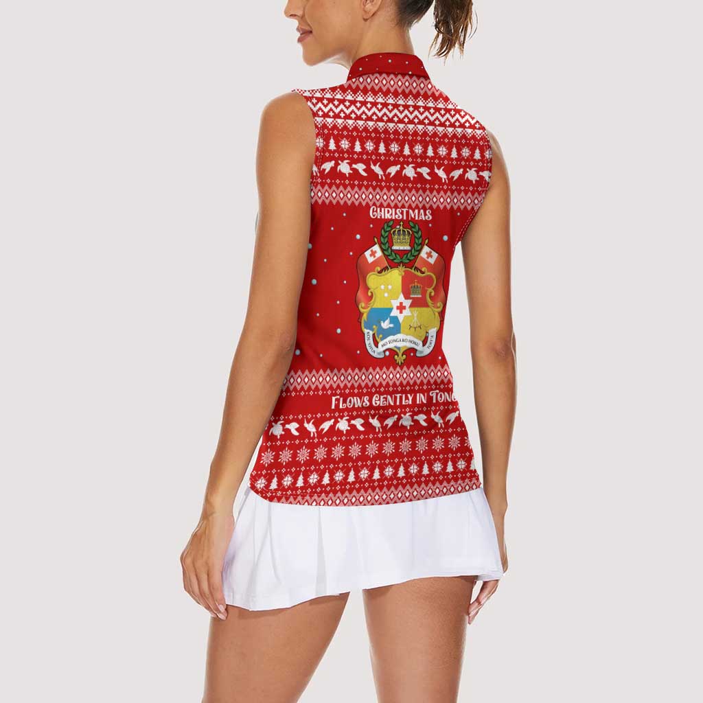 Tonga Christmas Women Sleeveless Polo Shirt with Sea Turtle Coral Reef Design Snowflake Pattern and National Emblem - Polynesian Pride