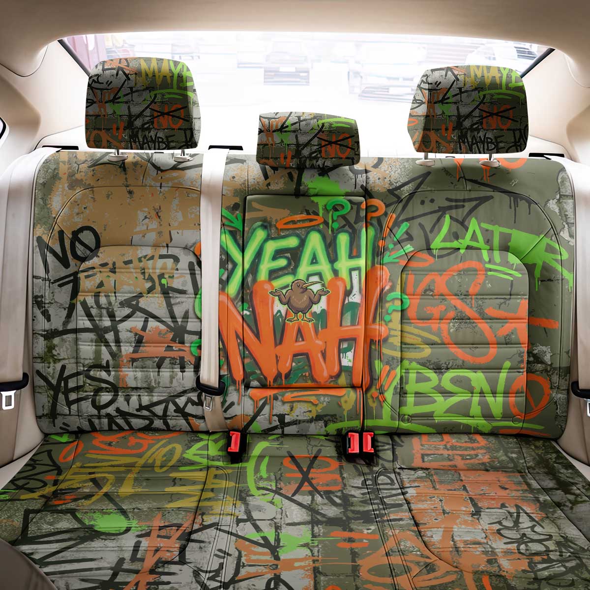 Yeah Nah Graffiti Skull New Zealand Slang Back Car Seat Cover Kiwi Grunge Brick Wall and Bold Urban Street Art TS04 - Polynesian Pride