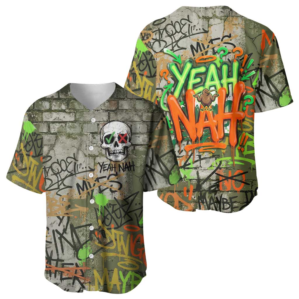 Yeah Nah Graffiti Skull New Zealand Slang Baseball Jersey Kiwi Grunge Brick Wall and Bold Urban Street Art