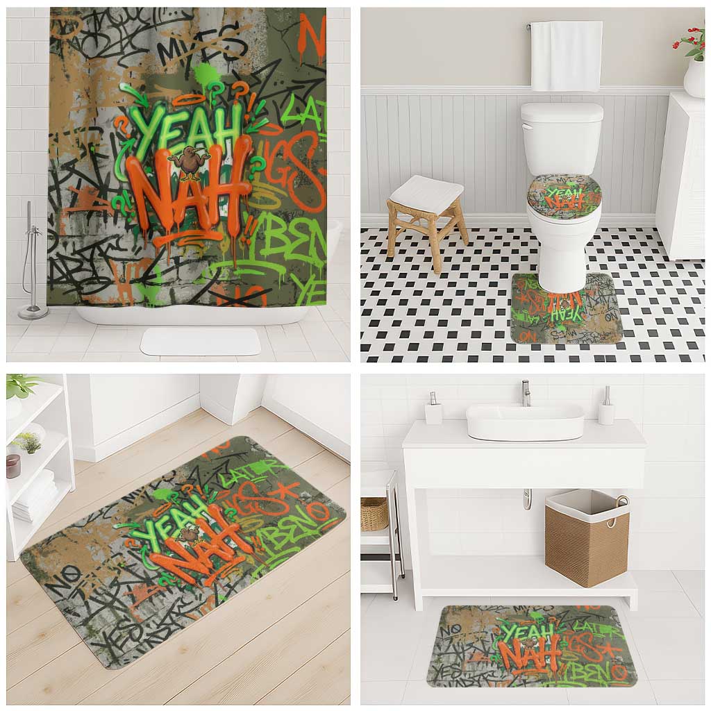 Yeah Nah Graffiti Skull New Zealand Slang Bathroom Set Kiwi Grunge Brick Wall and Bold Urban Street Art